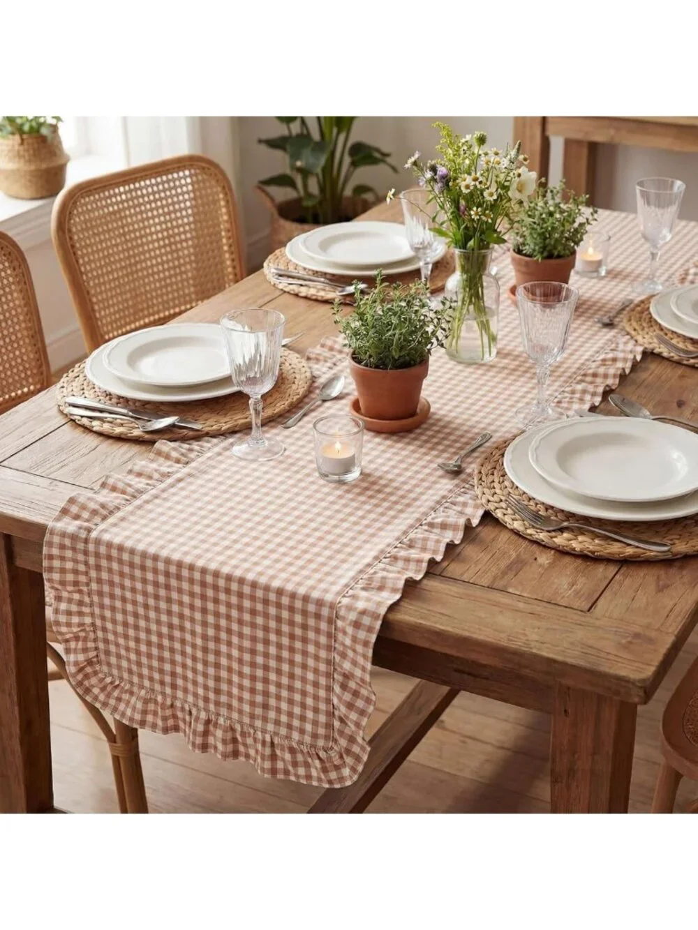 Brown Plaid Gingham Ruffle Table Runner 118x13.8'' - Farmhouse Rustic Decor